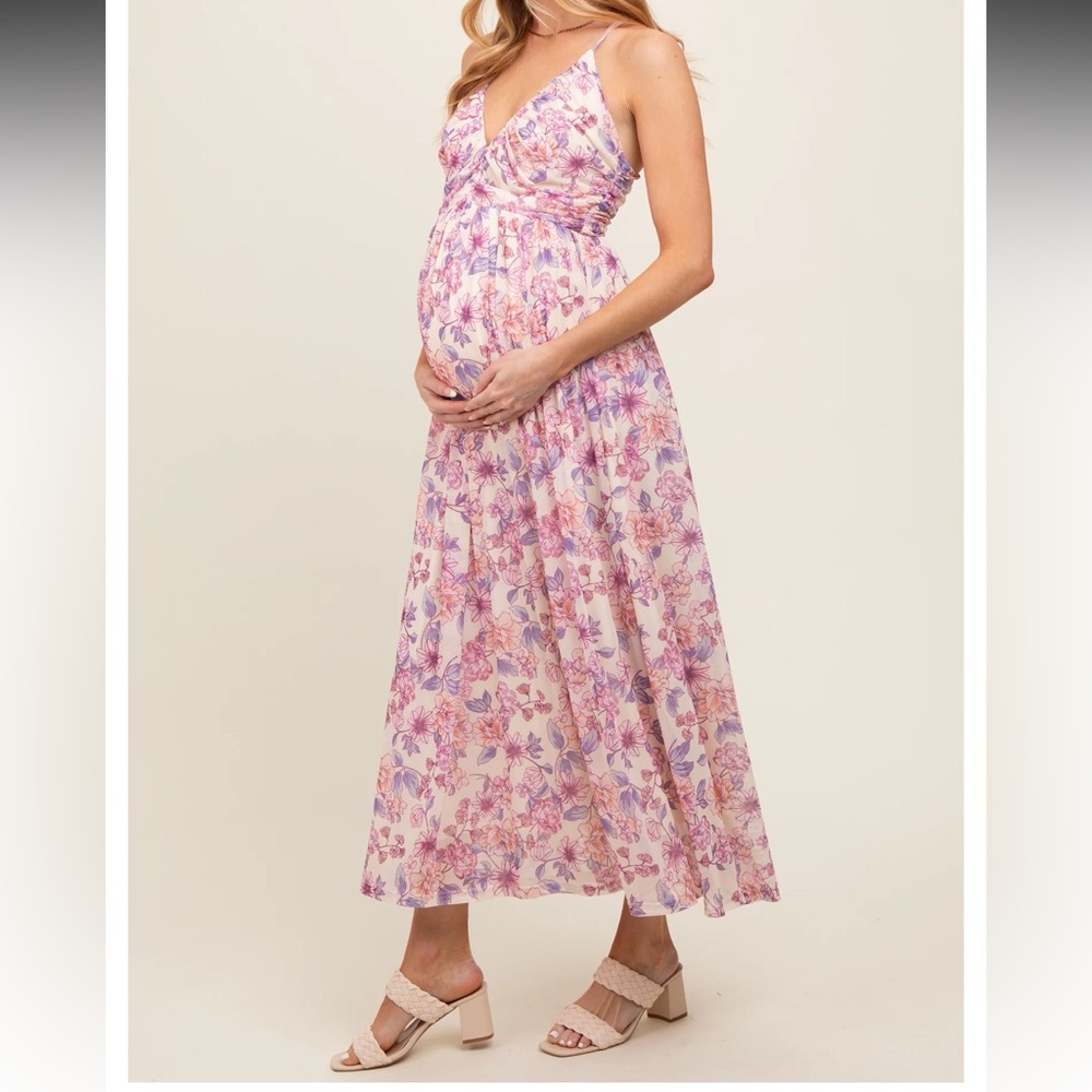 Pink Floral Mesh Sleeveless Maternity Maxi Dress